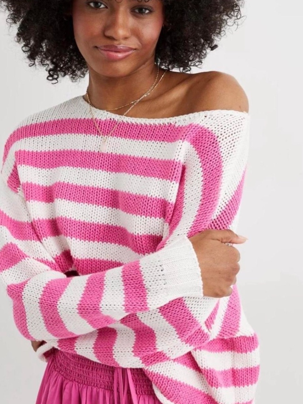 Aerie Light Knit Pink and White Stripped Sweater